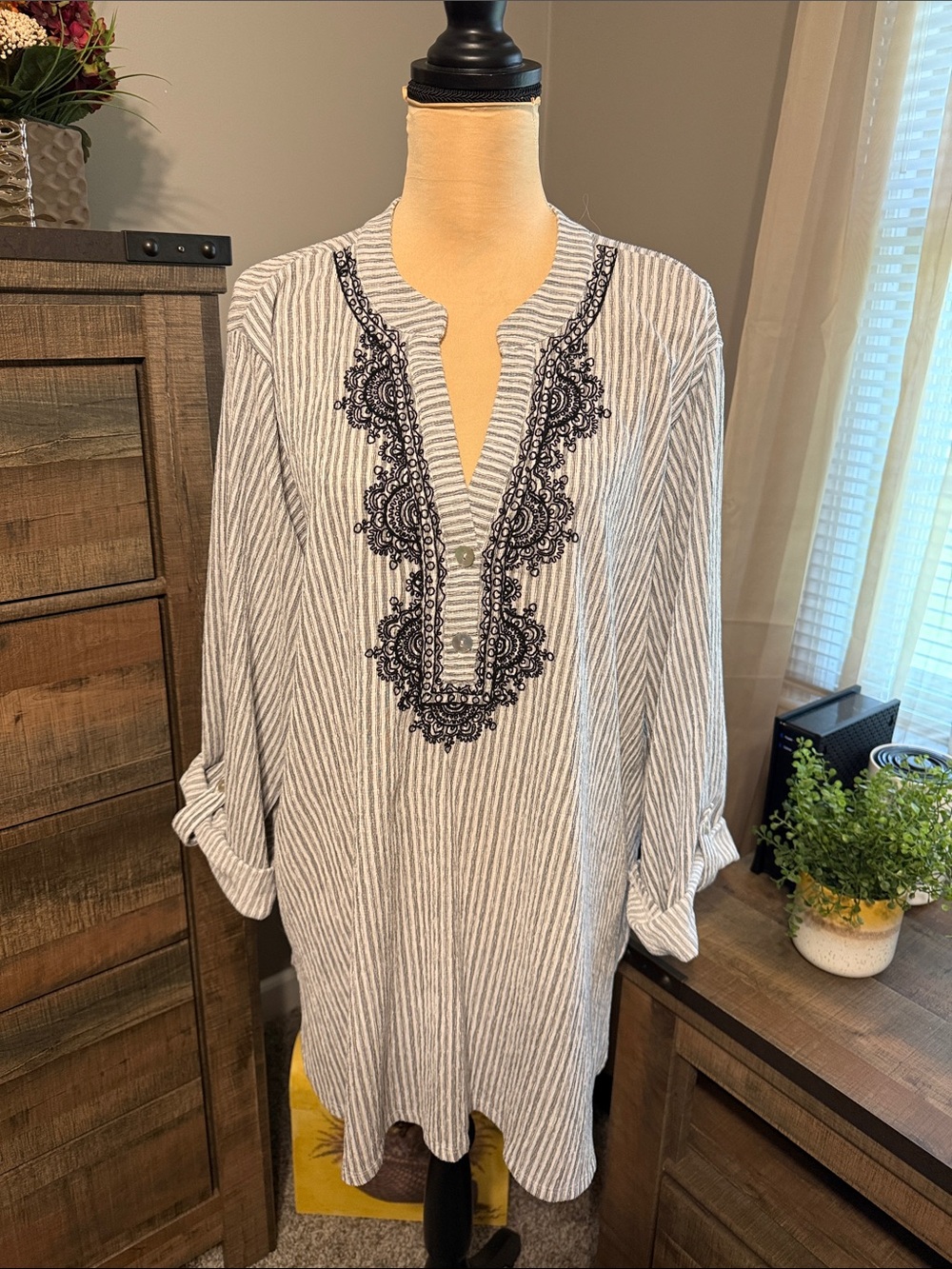 Ruby Rd. Black & White Striped Tunic with black  Embroidered Placket